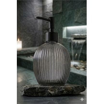 Çizgili Yuvarlak Siyah Pompalı Cam Sıvı Sabunluk - 500ml - 16x10x10 Cm Gri