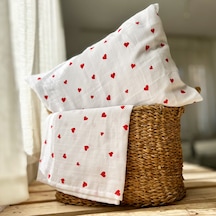 %100 Pamuklu İki Katlı Kırmızı Kalp Desenli Müslin Örtü 100x110 Ve Müslin Yastık Kılıfı 35x45