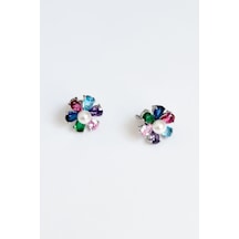 925 Ayar Gümüş Rodyum Kaplama Mix Taşlı Papatya Çivili Küpe Gümüş