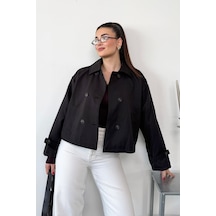 Jee Lee Kadın Gömlek Yaka Düğmeli Kısa Trençkot Siyah - 27k 3056