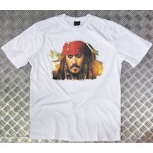 Karayip Korsanları Film Jack Sparrow Karakter Baskılı Unisex %100 Pamuk Beyaz T-shirt Beyaz