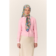 Silk Home Organik Pamuk İpek Eşarp Mavi Mor Sarı Çiçek Desenli Tok Duruşlu 90x90 Çok Renkli