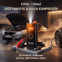 Buffer Akü Takviye Cihazı Ve Lastik Şişirme Pompası 16000mah Powerbank Özellikli, Dijital Ekranlı Sos Fener