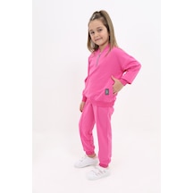 Toontoy Kids Kız Çocuk 2'li Takım Baskılı Kolej Yaka Fermuarlı Cepli Sweatshirt & Beli Paçası Ribanalı Jogger Eşofman Altı - Nervürlü & 2 İplik Fuşya