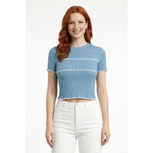 Neden Tekstil Dikdörtgen Desenli Marul Kenar Crop Triko Bluz - Mavi