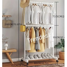 Metal Beyaz Çift Askılı Elbise Askılığı Konfeksiyon Askılık Tekerlekli 6009 Beyaz