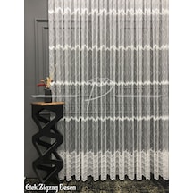 Tül Perde Sedef Sim Brode İşlemeli Taç Marka Sıralı Zigzag Desen Ekru