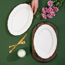 Porsima 4445 Tiffany Porselen Altın Fileli Kayık Tabak Seti - Oval Kahvaltılık Sunumluk Seti 30cm Beyaz
