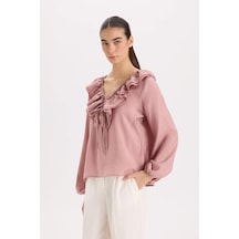 DeFacto Regular Fit Fırfırlı V Yaka Basic Düz Uzun Kollu Bluz E3393AX24WNPN429 Pembe