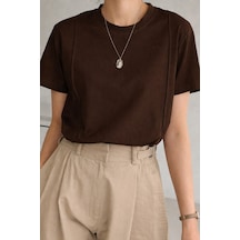 Kadın Kısa Kollu Çizgi Detaylı Basic Tişört Süprem Kumaş Yazlık Rahat T-shirt Kahverengi