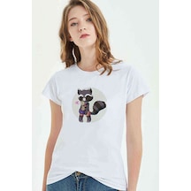 Groot Kedi Baskılı Beyaz Kadın Tshirt