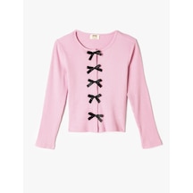 Koton Tişört Uzun Kollu Bisiklet Yaka Fiyonk Detaylı Pamuklu Pembe 5wkg10411ak Pembe