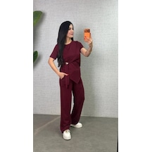 Hazego Kadın Kısa Kollu Bisiklet Yaka Yandan Toka Detaylı Viskon Iki Iplik Bluz Ve Pantolon Ikili Takım Bordo