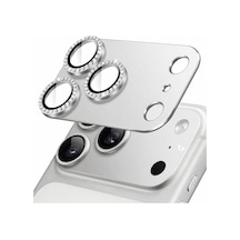 İphone 17 Pro İle Uyumlu Tam Parça Alüminyum Taşlı Yekpare Kamera Lens Koruyucu - Darbeye Dayanıklı, Güçlü Yapışkanlı, Kılıf Dostu Metal Temperli Cam Kamera Kapağı - Gümüş