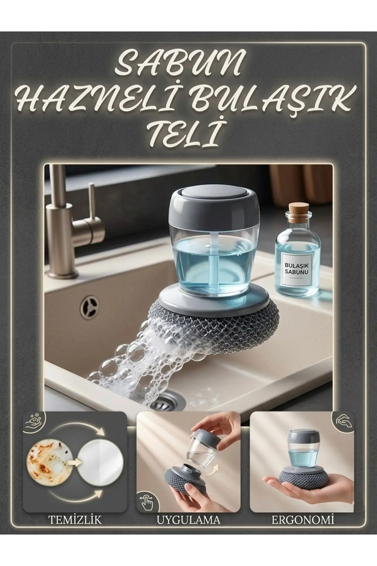 Deterjan Hazneli Bulaşık Süngeri Paslanmaz Tel Başlıklı Sıvı Sabunlu Pratik Temizlik Süngeri