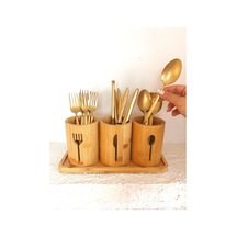 Bambu Altlıklı 3'lü Çatal Kaşık Bıçak Düzenleyici Set 4 Parça Bambu