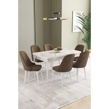 Ikon Beyaz Mermer Desen 80x132 Mdf Açılabilir Mutfak Masası Takımı 6 Adet Sandalye Kahverengi