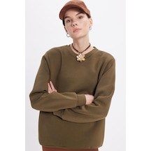 Tudors Kadın Oversize Geniş Kesim Pamuklu 3 İplik İçi Polarlı Basic Yeşil Bisiklet Yaka Sweatshirt-42068 Yeşil