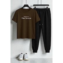 Uyguntarz Unisex The Future Tasarım Baskılı Tişört - 2'li Eşofman Takımı Kahverengi