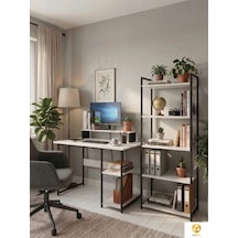 Vien 2 Set Kitaplıklı Masa Raflı Çalışma Masası 5 Raflı Kitaplık Monitör Yükseltici Siyah - Beyaz