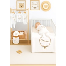 Sitilin Kız Erkek Bebek %100 Pamuk İsime Özel Organik Baskılı Hastane Çıkışı İsimli Fırca Hediye Set Stl7082 Ekru