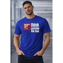 Herkesemoda Think Outside Yazı Detaylı Basic T-shirt Mavi