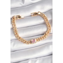 Pirinç Gold Renk Pembe Kare Zirkon Taşlı Vıp Seri Kadın Bileklik