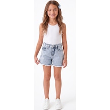 Onloox Kız Çocuk Açık Mavi Kız Çocuk Açık Mavi Pamuklu Denim Geniş Paça Regular Fit Paçası Püskül Detaylı Jean Şort 5-9 Yaş