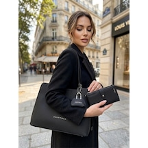 Just Polo Kadın Büyük Boy Premium Gümüş Logolu El Çantası Ve Cüzdanı Kombin Tote Bag Ebat : 22 X 34 Cm Siyah
