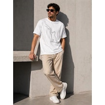 Vexor Erkek Minimal Kedi Çizim Baskılı Tişört Kısa Kol Yazlık T-shirt - Beyaz 444349
