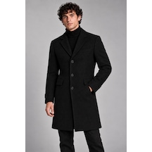 Maison Rae Erkek Siyah, Slim Fit Kaşe Kaban Klasik Yaka 3 Düğmeli Uzun Kesim Kışlık Palto