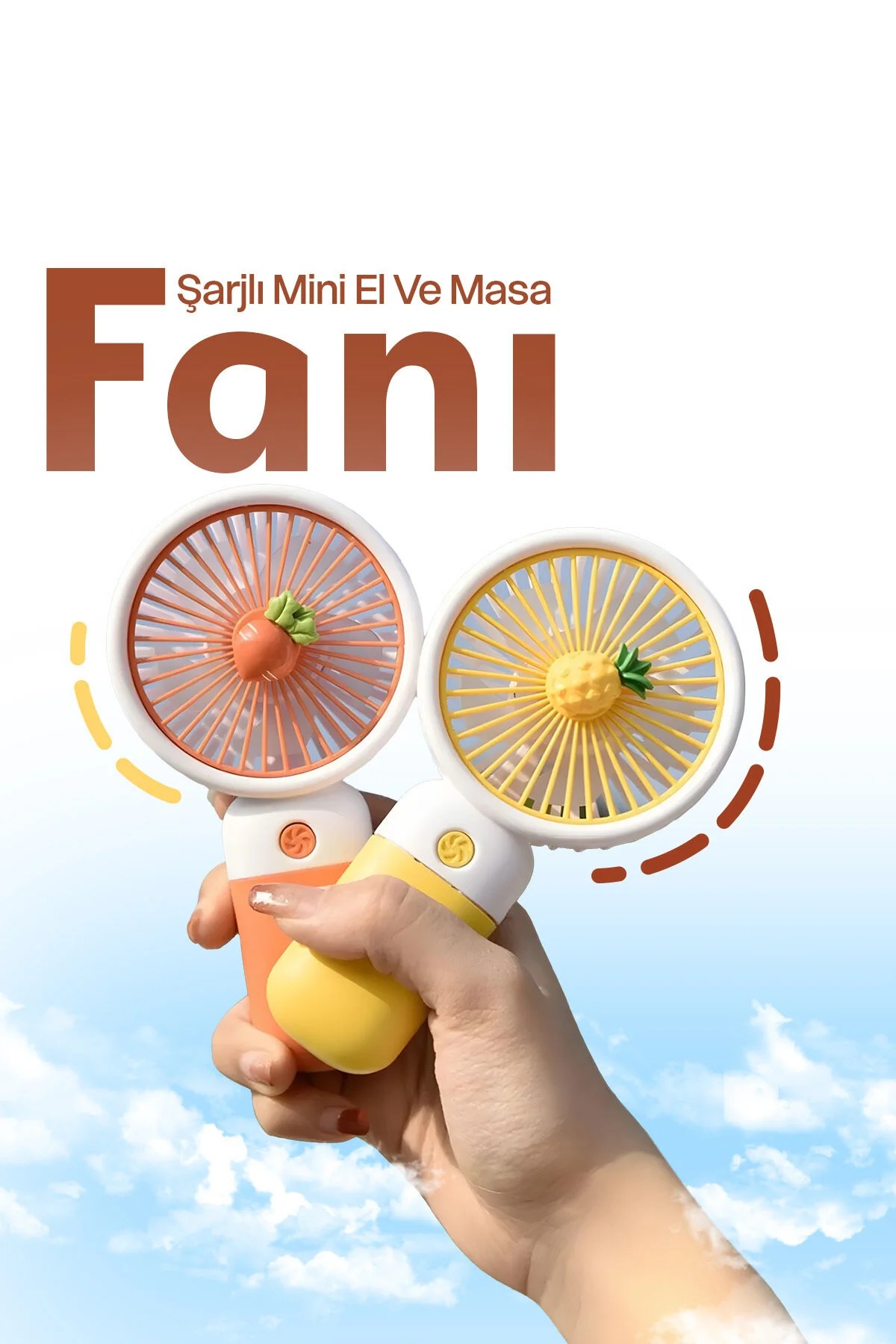3 Kademeli Meyveli Masa Standlı Model Şarjlı El Fanı Serinletici Taşınabilir Fan Beyaz