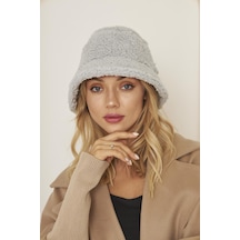 Gri Kadın Peluş Kova Model Balıkçı Bucket Hat Kışlık Şapka - Unisex