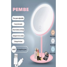 Pembe Renk Led Işıklı Usb Şarjlı Masa Üstü Makyaj Aynası Dokunmatik Makyaj Aynası