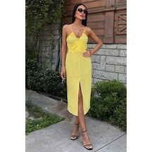 Göğsü Aksesuarlı Önü Yırtmaçlı Elbise 2899 Altın