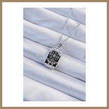 Bezos 316l Çelik Zincir Gümüş Renk İşlemeli Siyah Mineli Tarot Kolye 22