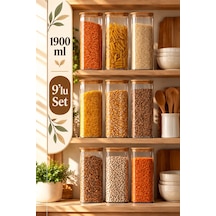 Porsima 7-3 Bambu Vakumlu Kapaklı Kare Borsilikat Cam 9lu Kavanoz Seti Saklama Kabı 1900ml 9,5x27cm Ahşap - Beyaz