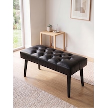 Modern Kapitoneli Siyah Deri Kumaş Bench Puf Oturma Bankı Ahşap Siyah Ayaklı Demonte 90x45