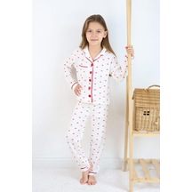 Kız Çocuk Kırmızı Kalpli Pamuklu Pijama Takımı - Uzun Kollu Düğmeli Rahat Takım Kırmızı