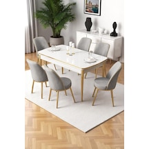 Canisa Nira Serisi 70x114 Mdf Açılabilir Beyaz Mutfak Masa Takımı 6 Gri Sandalye Gold Detay Masa Beyaz Sandalye Gri Ayaklar Gold