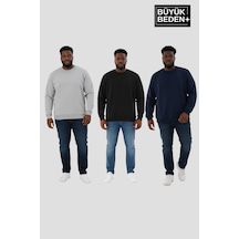 Süperlife Erkek Büyük Beden İkili Bisiklet Yaka 3'lü Set -rahat Kalıp İnce Sweatshirt Spr26bsw956+3 Black-ecru-navy