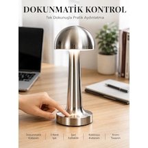 Mantar Masa Lambası Dokunmatik 3 Renk Işık Şarjlı Kablosuz Modern Krom Tasarım Yeni Nesil Çok Renkli