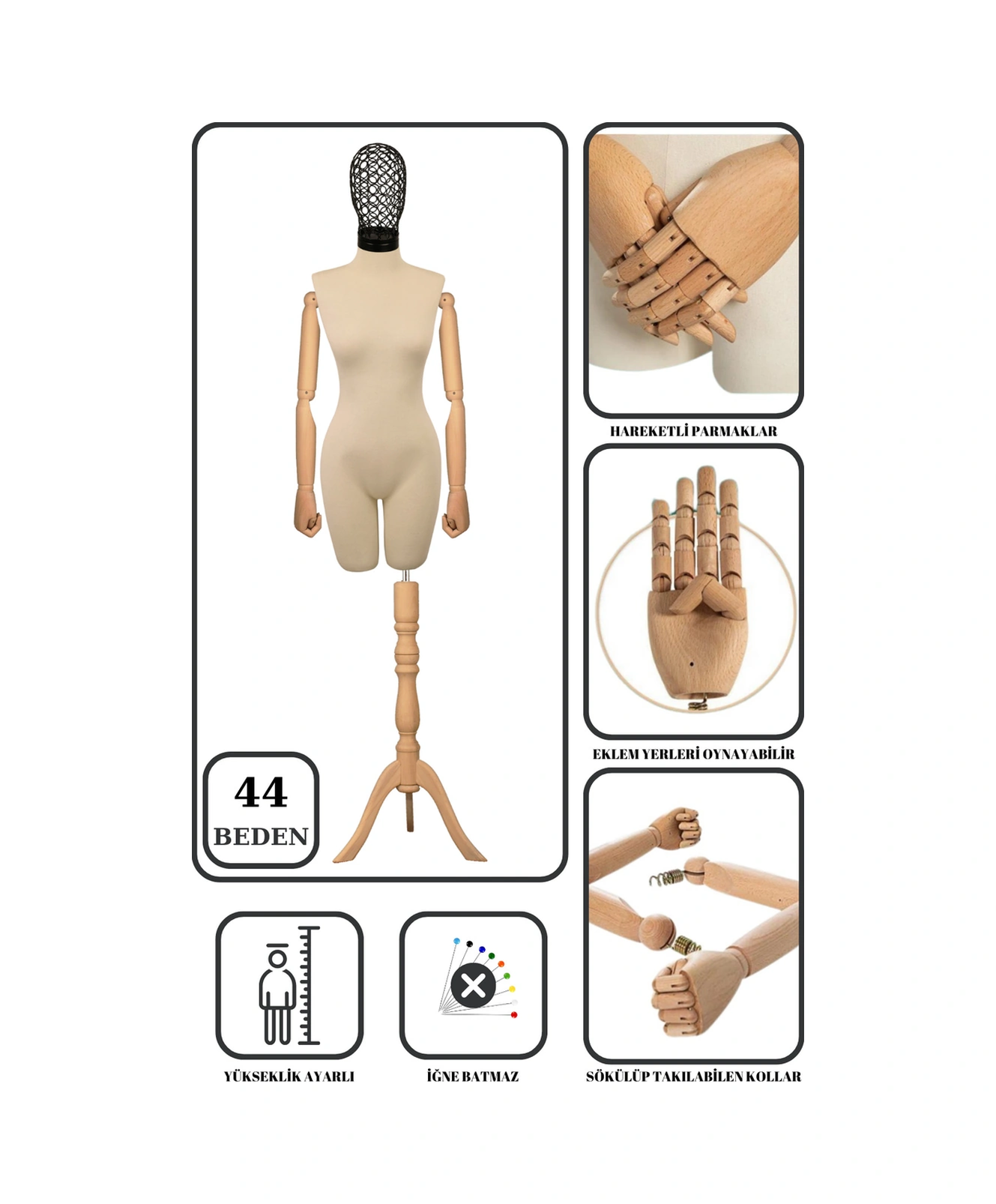 44 Beden Yüksek Kalite Tel Kafalı Ahşap Kollu Pantolon Giyebilen Terzi Mankeni 2017