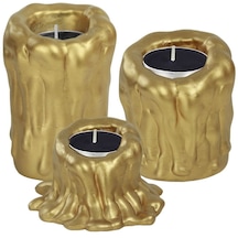 Şamdan Dekoratif Mumluk Şamdan Set 3 Lü Üçlü Tealight Uyumlu Erimiş Mum 3 Boy Model - Altın