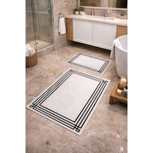 Modern Çizgili Çerçeve Banyo Paspası Kaydırmaz Tabanlı Yumuşak 2'li Set Beyaz Çok Renkli