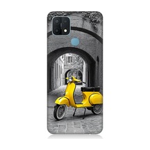 Oppo A15 Uyumlu Taş Sokakta Sarı Vespa Motosiklet Desenli Silikon Kılıf Çok Renkli