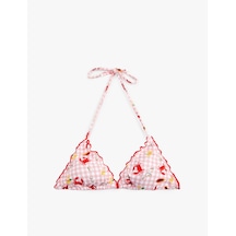 Koton Koton X Sibil Çetinkaya - Fırfırlı Yengeç Baskılı Pötikareli Üçgen Bikini Üstü Pembe Desenli 6sak10259mm