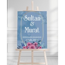 Söz Nişan Düğün İçin 50x70 Karşılama Panosu - Mavi Çiçek Tasarımlı 2 Beyaz