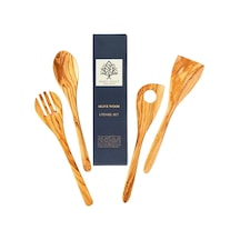 Zeytin Ağacı El Yapımı 4 Parça Mutfak Seti, Ahşap Kaşık, Çatal, Spatula, Delikli Spatula 30 Cm Diğer