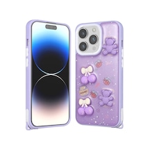Zore İphone 14 Pro Max Kılıf Parlayan Sıvılı Simli Kabartma Figürlü Nvth Cevze Kapak-mor Ayı